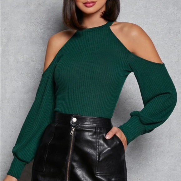 Boho sold shoulder ribbed knit dress green - Picture 1 of 15